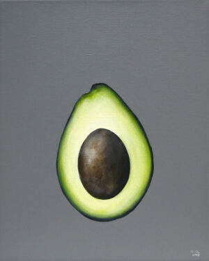 Galeria Wiele Sztuki, mały obraz akrylowy autorstwa Klaudii Choma przedstawiający martwą naturę - przekrojony owoc awokado.