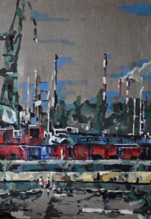 Galeria Wiele Sztuki, obraz Filipa Rzodkiewicza namalowany w technice mieszanej, przedstawiający tereny dawnej Stoczni Cesarskiej w Gdańsku.