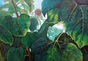 Galeria Wiele Sztuki, obraz olejny przedstawiający słoneczniki, na pierwszym planie duże, ciemno zielone liście