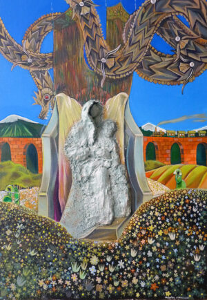 Galeria Wiele Sztuki, obraz akrylowy Michaliny Czurakowskiej pod tytułem Madonna and Child, przedstawiający postać Madonny z dzieckiem, na tle krajobrazu z wiaduktem, po którym jedzie pociąg.