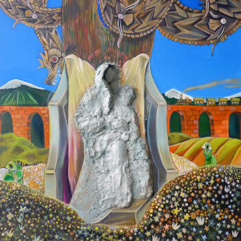 Galeria Wiele Sztuki, obraz akrylowy Michaliny Czurakowskiej pod tytułem Madonna and Child, przedstawiający postać Madonny z dzieckiem, na tle krajobrazu z wiaduktem, po którym jedzie pociąg.