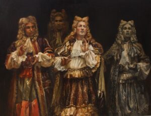 Galeria Wiele Sztuki, obraz olejny autorstwa Agnieszki Lewandowskiej pod tytułem Dormons tous, inspirowany operą barokową Atys, przedstawiający grupę czterech śpiewaków operowych podczas śpiewu na scenie, ubranych w stroje z epoki.