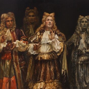 Galeria Wiele Sztuki, obraz olejny autorstwa Agnieszki Lewandowskiej pod tytułem Dormons tous, inspirowany operą barokową Atys, przedstawiający grupę czterech śpiewaków operowych podczas śpiewu na scenie, ubranych w stroje z epoki.