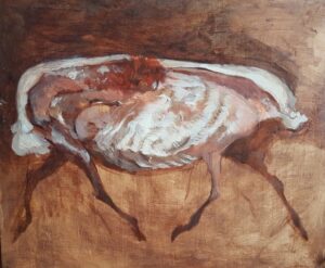 Galeria Wiele Sztuki, obraz olejny utrzymany w klimacie surrealistycznym autorstwa Agnieszki Lewandowskiej, przedstawiający dziwne, zniekształcone surrealistyczne zwierzę.