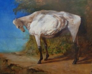 Galeria Wiele Sztuki, obraz olejny utrzymany w stylu surrealistycznym autorstwa Agnieszki Lewandowskiej, przedstawiający dziwnego konia stojącego na drodze.