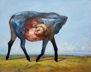 Galeria Wiele Sztuki, obraz olejny utrzymany w klimacie surrealistycznym autorstwa Agnieszki Lewandowskiej, przedstawiający dziwne, zniekształcone surrealistyczne zwierzę.