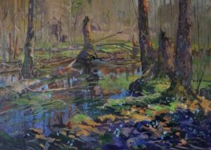 Galeria Wiele Sztuki, obraz olejny autorstwa Daniela Gromackiego przedstawiający leśną dolinę rzeczki Braszcza w Puszczy Białostockiej.