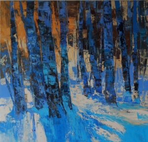 Galeria Wiele Sztuki, obraz olejny autorstwa Daniela Gromackiego przedstawiający zimowy las brzozowy w Puszczy Białowieskiej