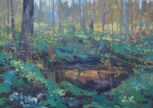 Galeria Wiele Sztuki, obraz olejny autorstwa Daniela Gromackiego przedstawiający wiosenny, leśny pejzaż Puszczy Białowieskiej i płynącą przez las małą rzeczkę o nazwie Jabłoniówka.