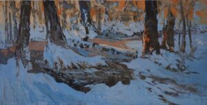 Galeria Wiele Sztuki, obraz olejny autorstwa Daniela Gromackiego przedstawiający zimowy, leśny pejzaż Puszczy Białowieskiej i płynącą przez las małą rzeczkę o nazwie Jabłoniówka.