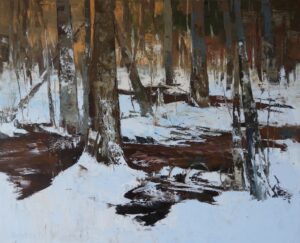 Galeria Wiele Sztuki, obraz olejny autorstwa Daniela Gromackiego przedstawiający zimowy, leśny pejzaż Puszczy Białowieskiej i płynącą przez las małą rzeczkę o nazwie Jabłoniówka.