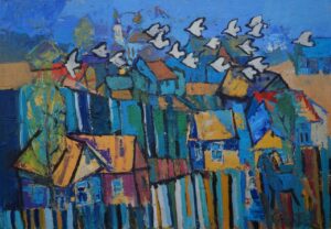 Galeria Wiele Sztuki, obraz Daniela Gromackiego przedstawiający architekturę Podlasia.