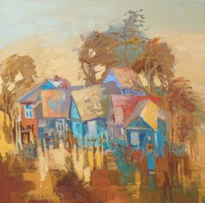 Galeria Wiele Sztuki, obraz olejny Daniela Gromackiego przedstawiający architekturę Podlasia.