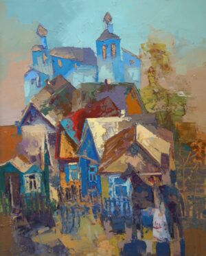 Galeria Wiele Sztuki, obraz Daniela Gromackiego przedstawiający architekturę Podlasia.