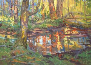 Galeria Wiele Sztuki, obraz olejny autorstwa Daniela Gromackiego przedstawiający dolinę leśnego strumienia w Puszczy Białowieskiej