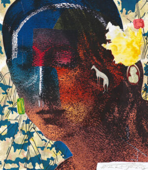 Galeria Wiele Sztuki, grafika wykonana w technice linorytu traconego barwnego przedstawiająca portret (twarz) kobiety autorstwa Karola Lewalskiego.