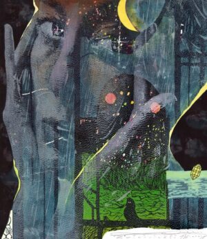 Galeria Wiele Sztuki, grafika wykonana w technice linorytu traconego barwnego przedstawiająca portret (twarz) kobiety autorstwa Karola Lewalskiego.