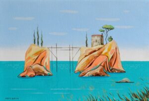 Galeria Wiele Sztuki, miniaturowy obraz akrylowy Marty Bileckiej, przedstawiający morski pejzaż z wyspami.