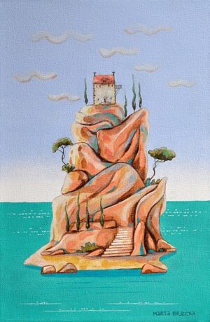 Galeria Wiele Sztuki, miniaturowy obraz akrylowy Marty Bileckiej, przedstawiający morski pejzaż z wyspą, na której stoi dom i rosną drzewa.