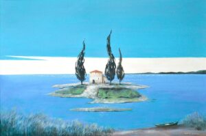 Galeria Wiele Sztuki, mały obraz akrylowy Marty Bileckiej, przedstawiający typowy dla laguny weneckiej pejzaż z wyspą, na której rosną trzy cyprysy i stoi dom.