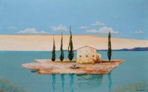 Galeria Wiele Sztuki, niewielki obraz akrylowy Marty Bileckiej, przedstawiający typowy dla laguny weneckiej pejzaż z wyspą z jednym domem. Na wyspie rosną cztery cyprysy, a przed domem na placyku stoi fontanna.