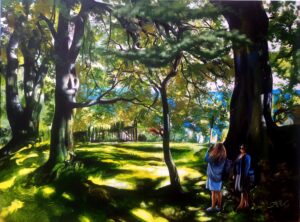 Obraz akrylowy autorstwa Anny Malinowskiej, przedstawiający letni krajobraz z drzewami, trawą i dwiema kobietami, z których jedna fotografuje wiewiórkę.