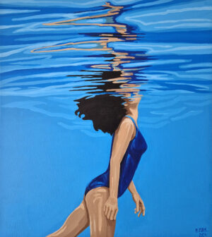 Obraz przedstawia postać kobiety pływającej w basenie. Kompozycja jest skonstruowana wokół centralnej figury kobiety, ukazanej w ujęciu z boku. Jej smukła sylwetka, odziana w granatowy kostium kąpielowy, kontrastuje z błękitem czystej wody. Długie włosy kobiety rozpuszczone są po tafli basenu, a wyciągnięte ręce i wyprostowane nogi dynamizują kompozycję. Tło obrazu stanowią betonowe ściany basenu, podkreślające geometryczną formę dzieła.