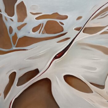 Prezentowany obraz jest abstrakcyjną kompozycją, przypominającą struktury morskiej piany. Nie ma na nim wyraźnego centralnego punktu ani rozpoznawalnych przedmiotów. Kształty i kolory są rozmieszczone na powierzchni obrazu w sposób niezorganizowany i chaotyczny. Brak symetrii i równowagi potęguje uczucie dynamiczności i niestabilności. Dominujące kolory to brudny żółty, beżowy, trochę brązów, niebieskości i szarości.