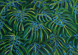 Obraz przedstawia zbliżenie na liście tropikalnego pnącza o nazwie monstera dziurawa. Liście ukazane są w sposób realistyczny, z dbałością o detale anatomiczne, takie jak nerwy, żyłki i włoski. Kolorystyka jest bogata i zróżnicowana, z dominującymi odcieniami zieleni, żółci i brązu. Kompozycja jest chaotyczna, ale jednocześnie harmonijna. Liście zachodzą na siebie i częściowo się zakrywają, tworząc wrażenie gęstej roślinności.