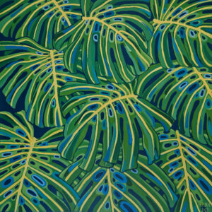 Obraz przedstawia zbliżenie na liście tropikalnego pnącza o nazwie monstera dziurawa. Liście ukazane są w sposób realistyczny, z dbałością o detale anatomiczne, takie jak nerwy, żyłki i włoski. Kolorystyka jest bogata i zróżnicowana, z dominującymi odcieniami zieleni, żółci i brązu. Kompozycja jest chaotyczna, ale jednocześnie harmonijna. Liście zachodzą na siebie i częściowo się zakrywają, tworząc wrażenie gęstej roślinności.