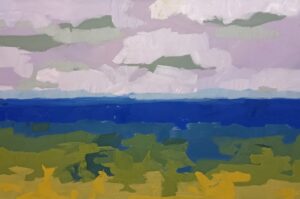 Zdjęcie przedstawia obraz autorstwa młodej poznańskiej malarki Bożeny Paluch pod tytułem „Morze”. Obraz, choć nawiązuje do rzeczywistego morskiego pejzażu, przedstawia go w nieco abstrakcyjnej konwencji. Artystka poprzez deformację form i swobodne operowanie kolorem tworzy subiektywny, emocjonalny obraz morza. Obraz jest zdominowany przez szerokie, poziome pasy, które symbolizują rozległość morskiej przestrzeni. Malarka zastosowała intensywne, kontrastujące kolory (np. granat, ciepły róż, biele i szarości oraz żółcienie) Taki zabieg potęguje wrażenie dramatyzmu i emocjonalnej głębi.