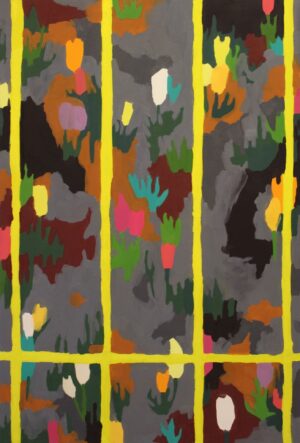 Zdjęcie przedstawia obraz olejny autorstwa młodej poznańskiej malarki Bożeny Paluch pochodzący trzyczęściowej serii „Ogród sąsiadki”. Obraz przedstawia kolorowy ogród widziany przez okno domu malarki. Kwiaty i rośliny są nieco zdeformowane przez szkło, stąd ich nieregularne, nieco abstrakcyjne kształty. Te uproszczone formy w zestawieniu z żywą kolorystyką są motywami zaczerpniętymi z bliskiej malarce sztuki ludowej.