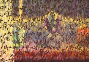 Zdjęcie przedstawia obraz olejny autorstwa Bożeny Paluch pod tytułem „Zjawisko”. Motywem przewodnim obrazu są różne bibeloty ustawione na parapecie okna. Ich formy są jednak zatarte i zdekonstruowane, co nadaje kompozycji abstrakcyjnego charakteru i sprawia, że trudno jednoznacznie zidentyfikować poszczególne przedmioty. Obraz charakteryzuje się bogatą i złożoną paletą barw, która tworzy harmonijną całość, jednocześnie przyciągając wzrok swoją intensywnością.