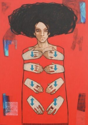 Zdjęcie przedstawia portret wykonany w technice akrylowej, namalowany przez warszawskiego malarza Michała Wareckiego. Na obrazie widzimy postać kobiecą, przedstawioną w sposób niezwykle oryginalny. Jej ciało wydaje się być jednocześnie obecne i nieobecne, jakby zanurzone w czerwonej materii. Twarz kobiety jest wyrazista, ale jednocześnie pozbawiona wyraźnych emocji, co potęguje tajemniczość całego przedstawienia. Najbardziej charakterystycznym elementem obrazu są liczne ręce otaczające postać kobiety. Ręce te, pokryte dziwnymi znakami, wydają się jednocześnie obejmować i więzić kobietę.