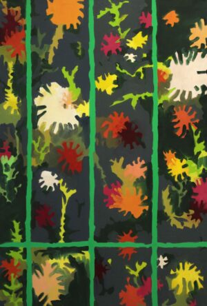 Zdjęcie przedstawia obraz olejny autorstwa młodej poznańskiej malarki Bożeny Paluch pochodzący trzyczęściowej serii „Ogród sąsiadki”. Obraz przedstawia kolorowy ogród widziany przez okno domu malarki. Kwiaty i rośliny są nieco zdeformowane przez szkło, stąd ich nieregularne, nieco abstrakcyjne kształty. Te uproszczone formy w zestawieniu z żywą kolorystyką są motywami zaczerpniętymi z bliskiej malarce sztuki ludowej.