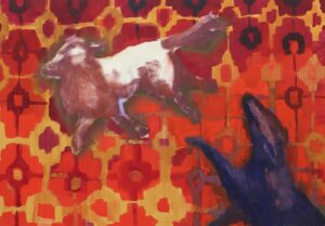 Zdjęcie przedstawia obraz olejny autorstwa Bożeny Paluch pod tytułem „Śpiące pieski”. Centralnym elementem obrazu są dwa psy, które wydają się unosić nad wzorzystym tłem. Tło tworzy abstrakcyjny wzór, przypominający perski dywan, dominują w nim ciepłe, intensywne kolory: czerwień, pomarańcz, żółć. Obraz emanuje spokojem i tajemniczością. Psy wydają się być w stanie relaksu, a kolorystyka tworzy ciepłą i przytulną atmosferę.