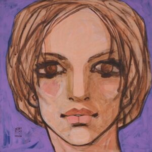 Zdjęcie przedstawia portret kobiecy wykonany w technice akrylowej, namalowany przez warszawskiego malarza Michała Wareckiego. Ten obraz łączy w sobie elementy ekspresjonizmu, abstrakcji geometrycznej oraz malarstwa figuratywnego. Na obrazie widzimy twarz kobiecą przedstawioną „en face”, namalowaną w pastelowych odcieniach beżu, brązów i żółci, przedstawioną na intensywnym, fioletowym tle.