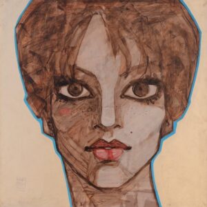 Zdjęcie przedstawia portret kobiecy wykonany w technice akrylowej, namalowany przez warszawskiego malarza Michała Wareckiego. Ten obraz łączy w sobie elementy ekspresjonizmu, abstrakcji geometrycznej oraz malarstwa figuratywnego. Na obrazie widzimy twarz kobiecą przedstawioną „en face”, namalowaną w pastelowych odcieniach beżu, brązów i żółci, przedstawioną na subtelnym tle w kolorze delikatnego złota. Głowa modelki jest obwiedziona jasno niebieską linią.