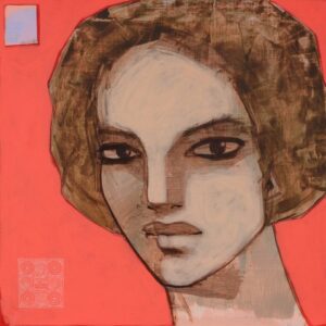 Zdjęcie przedstawia portret kobiecy pod tytułem Róż. Obraz wykonany w technice akrylowej został namalowany przez warszawskiego malarza Michała Wareckiego. Na obrazie jest przedstawiona twarz kobiety, uproszczona do podstawowych form geometrycznych, takich jak owale oznaczające oczy, nos i usta. Tło obrazu jest intensywnie różowe, co kontrastuje z chłodniejszymi tonacjami skóry i włosów modelki. W lewym górnym rogu znajduje się mały, niebieski kwadrat, który dodaje kompozycji dynamiki. Całość sprawia wrażenie minimalistycznej i jednocześnie pełnej emocji.