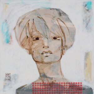 Zdjęcie przedstawia portret kobiecy wykonany w technice akrylowej, namalowany przez warszawskiego malarza Michała Wareckiego. Ten obraz łączy w sobie elementy ekspresjonizmu, abstrakcji geometrycznej oraz malarstwa figuratywnego. Na obrazie widzimy twarz kobiecą przedstawioną „en face”, namalowaną w pastelowych odcieniach beżu, brązów i żółci, przedstawioną na subtelnym, białym tle z delikatnymi turkusowymi akcentami. U dołu obrazu malarz umieścił geometryczny wzór składający się z wielu kropek w intensywnym, czerwonym kolorze.