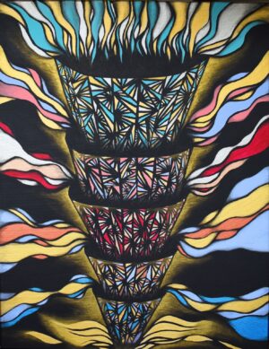 Na zdjęciu przedstawiony jest obraz akrylowy pod tytułem „Bóg”. Kompozycja obrazu jest niezwykle dynamiczna i pełna napięcia. Centralnym elementem jest wielobarwny, geometryczny wir, który wydaje się pochłaniać wszystko, co go otacza. Ten wir, zbudowany z ostrych kątów i kontrastowych kolorów, tworzy wrażenie nieskończoności i ruchu. Wokół niego rozchodzą się faliste linie, które przypominają płomienie lub promienie światła. Całość tworzy wrażenie eksplozji energii i mocy.