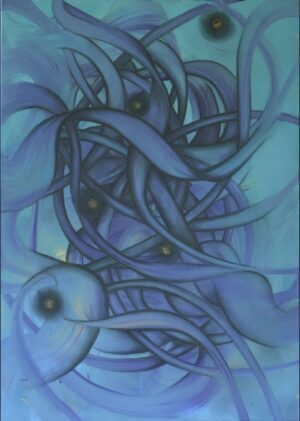 Na zdjęciu przedstawiony jest obraz akrylowy pod tytułem „Równoległe rzeczywistości”. Płótno wypełniają organiczne, płynne formy, które przypominają splątane macki jakiegoś podmorskiego potwora, liście ogromnej rośliny lub korzenie. Te kształty wiją się i przeplatają, tworząc wrażenie głębi i przestrzeni. Brak wyraźnego horyzontu czy punktów odniesienia potęguje poczucie dezorientacji i tajemniczości. Kolorystyka obrazu jest oparta głównie na odcieniach błękitu i fioletu.