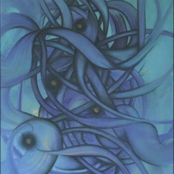 Na zdjęciu przedstawiony jest obraz akrylowy pod tytułem „Równoległe rzeczywistości”. Płótno wypełniają organiczne, płynne formy, które przypominają splątane macki jakiegoś podmorskiego potwora, liście ogromnej rośliny lub korzenie. Te kształty wiją się i przeplatają, tworząc wrażenie głębi i przestrzeni. Brak wyraźnego horyzontu czy punktów odniesienia potęguje poczucie dezorientacji i tajemniczości. Kolorystyka obrazu jest oparta głównie na odcieniach błękitu i fioletu.