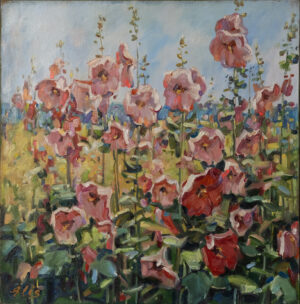 Na zdjęciu jest obraz olejny autorstwa białoruskiej malarki Eleanory Bubashkiny, przedstawiający krajobraz łąki w rozkwicie, na której rosną piękne kwiaty malwy. Malwy, w pełnym rozkwicie, tworzą żywy, kolorowy dywan, który rozciąga się przed oczami widza. Obraz jest pełen optymizmu i radości życia, a jednocześnie emanuje spokojem i harmonią.