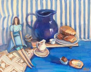 Na zdjęciu jest obraz olejny autorstwa białoruskiej malarki Eleanory Bubashkiny. Na obrazie widzimy martwą naturę z lalką. W centrum kompozycji znajduje się duży, niebieski dzbanuszek. Obok na niebieskim obrusie rozłożone są różne przedmioty: filiżanki, talerzyk z ciastkami i lalka. Tło obrazu stanowią pionowe, niebiesko-białe pasy. Lalka, ubrana w jasną sukienkę, siedzi na kawałku materiału i wydaje się obserwować otoczenie.