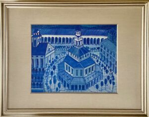 Przedstawiony na zdjęciu obraz „Idealne miasto” jest doskonałym przykładem twórczości Edwarda Dwurnika, jednego z najwybitniejszych polskich malarzy współczesnych. Jego charakterystyczny styl, inspirowany twórczością prymitywisty Nikifora Krynickiego, jest tu doskonale widoczny. Na tym obrazie widzimy typowy dla niego miejski pejzaż, z charakterystycznymi budynkami i drzewami. Obraz jest utrzymany w tonacji biało – niebieskiej.