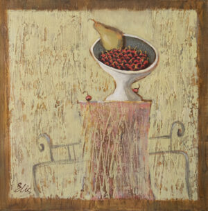Na zdjęciu jest obraz akrylowy autorstwa białoruskiej malarki Eleanory Bubashkiny, przedstawiający martwą naturę. Centralnym elementem kompozycji jest duży kielich wypełniony owocami, ustawiony na niewielkim stoliku. Tło jest nieostre, co sprawia, że owoce wychodzą na pierwszy plan. Dominują ciepłe odcienie żółci, różu i brązów, które tworzą przytulną i intymną atmosferę.