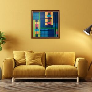 Na zdjęciu jest wizualizacja we wnętrzu (pokój) obrazu akrylowego autorstwa warszawskiej malarki Joanny Sułek-Malinowskiej, przedstawiający kolorową abstrakcję geometryczną. Obraz jest dostępny w Galerii Wiele Sztuki.