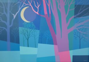 Obraz prezentuje wieczorny pejzaż z księżycem. Pejzaż został podzielony na trapezowe fragmenty, tworząc wrażenie geometrycznej mozaiki, dlatego ta kompozycja jest niezwykle intrygująca, łączy w sobie elementy abstrakcji, surrealizmu i realizmu. Dominującymi elementami są drzewa o nagich gałęziach, które stanowią zarówno tło, jak i główny motyw kompozycji. Ich sylwetki są wyraźnie zarysowane, ale jednocześnie uproszczone, co podkreśla geometryczny charakter obrazu. Obraz jest dostępny w Galerii Wiele Sztuki..