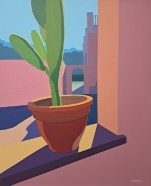 Obraz przedstawia minimalistyczny widok na kaktus w doniczce stojący na parapecie. Tło stanowi różowa ściana i fragment nieba widoczny przez okno. Dominują ciepłe, pastelowe kolory, które tworzą przytulną atmosferę. Proste formy i geometryczne kształty nadają obrazowi nowoczesny charakter. Światło pada na kaktusa i doniczkę, tworząc ciekawe efekty cieni i podkreślając ich objętość. Całość sprawia wrażenie spokoju i harmonii. Obraz jest dostępny w Galerii Wiele Sztuki